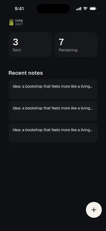 noteself: home screen with sent notes